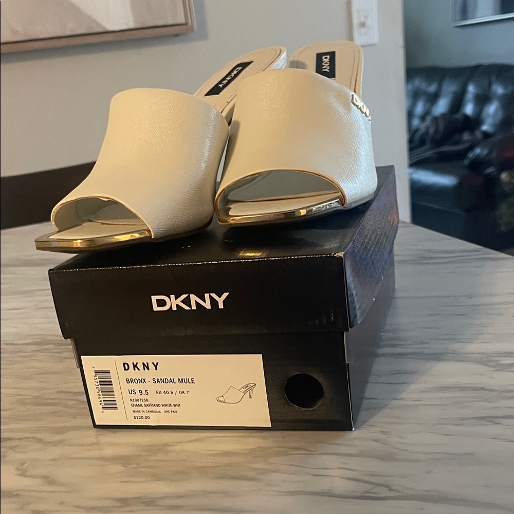 DKNY Women's White and Gold Mules
